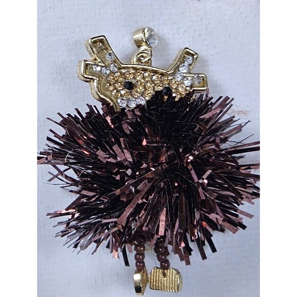 Reindeer Necklace & Earrings Set Brown  Pom Pom Multi Color Rinestone Holiday - Picture 6 of 10